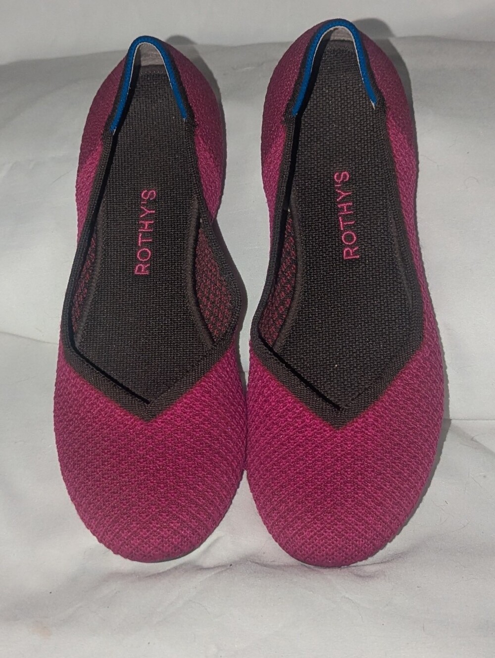 Rothy's Magenta Berry Knit Ballet Flats with Blue Trim.Size 10.5